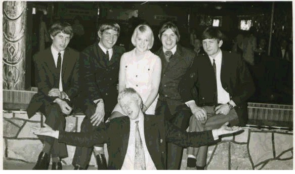 Tornados in Newcastle. (L -R)  Roger Holder, Pete Holder, a girl I met that night, Robb Huxley, Dave Watts and John Davies in the foreground