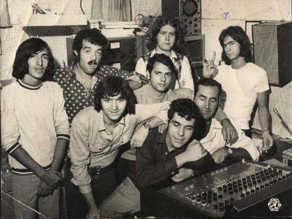 Uzi and the Styles at Kolinor Studio. Ave Orchover is second from left standing behind Uzi Fuchs. Amnon Roberman and Dori Herschgal the engineers who worked on the Churchills Album are seated at the console. They both have their eyes closed and must have been asleep at the time!