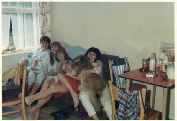 The Fox Miller girls in their flat above the bar at St. Nick's. (L-R) Marion, Ann, Carol. Linda, Penny (Mandy's dog) and Mandy.